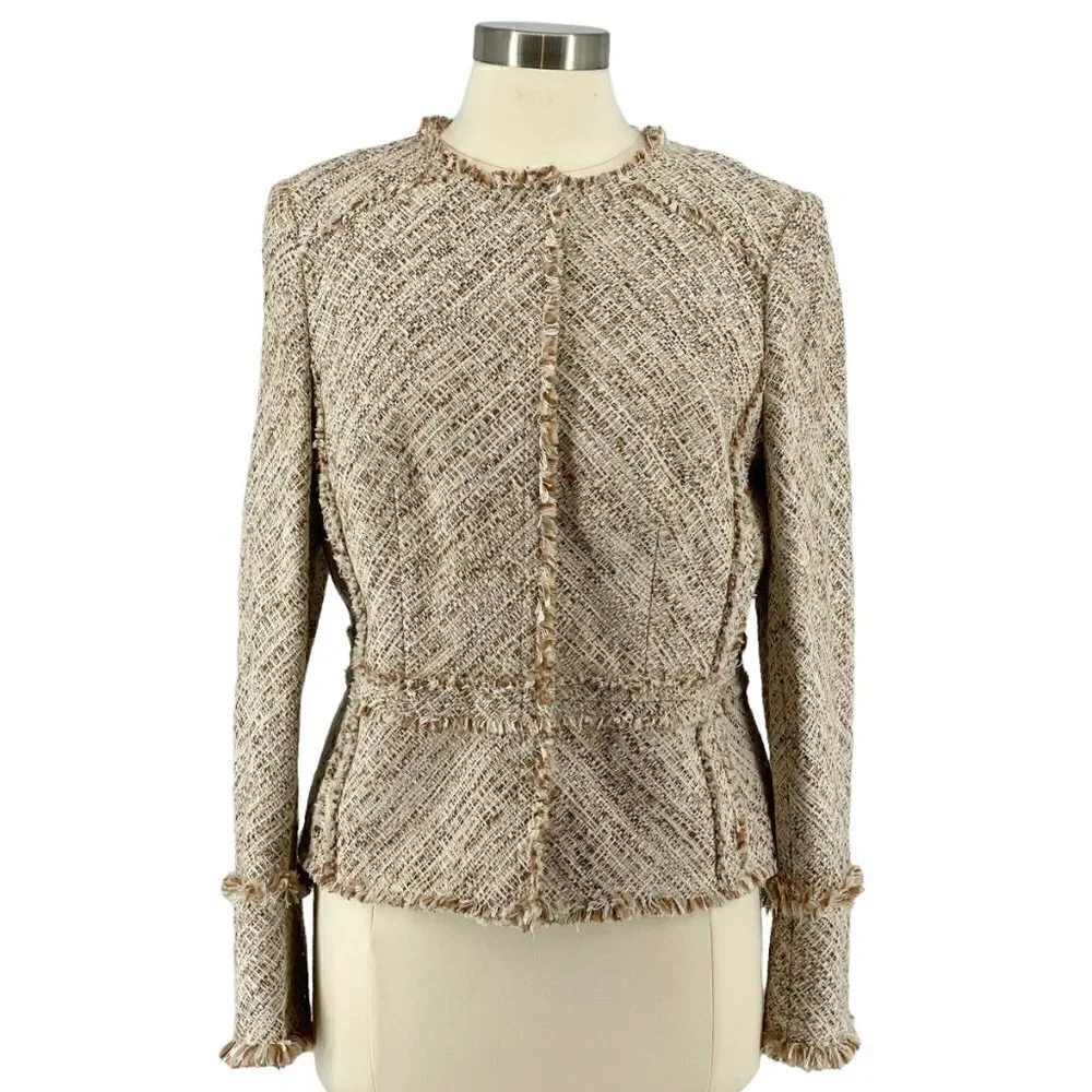 Brooks Brothers Fringed Cream Brown Metallic Nubby Tweed Fitted Career Blazer 12 - Picture 1 of 13